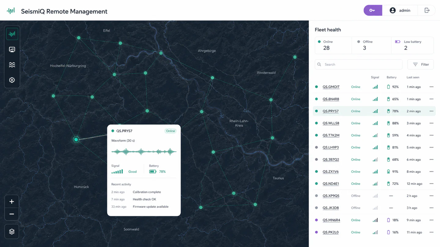 SeismiQ Insights remote management: network map, fleet health and sensor activity.