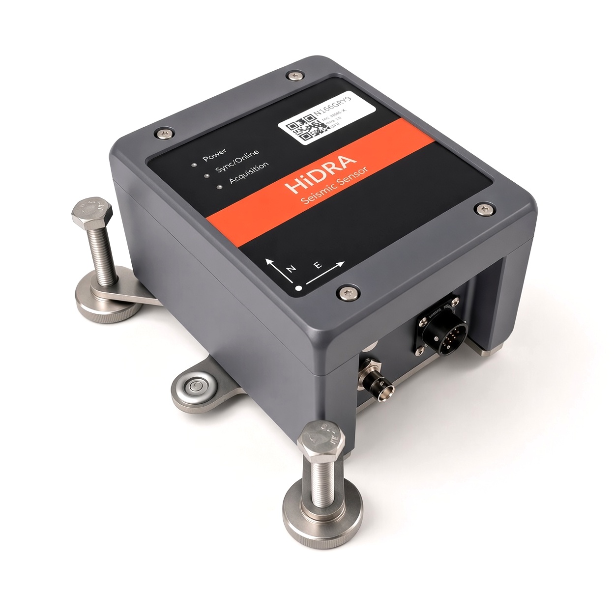 HiDRA seismic sensor in a grey field enclosure on levelling feet.