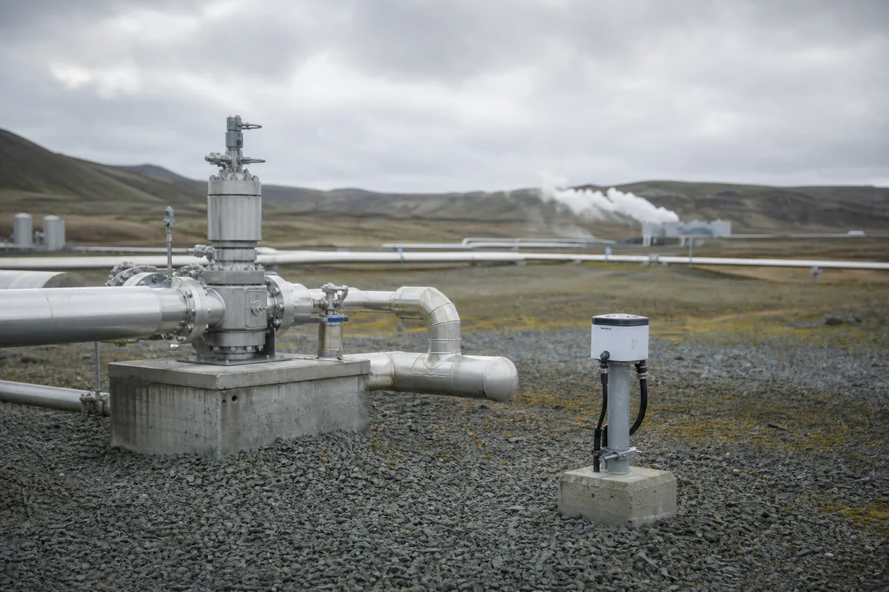 Seismic monitoring equipment beside a geothermal wellhead.