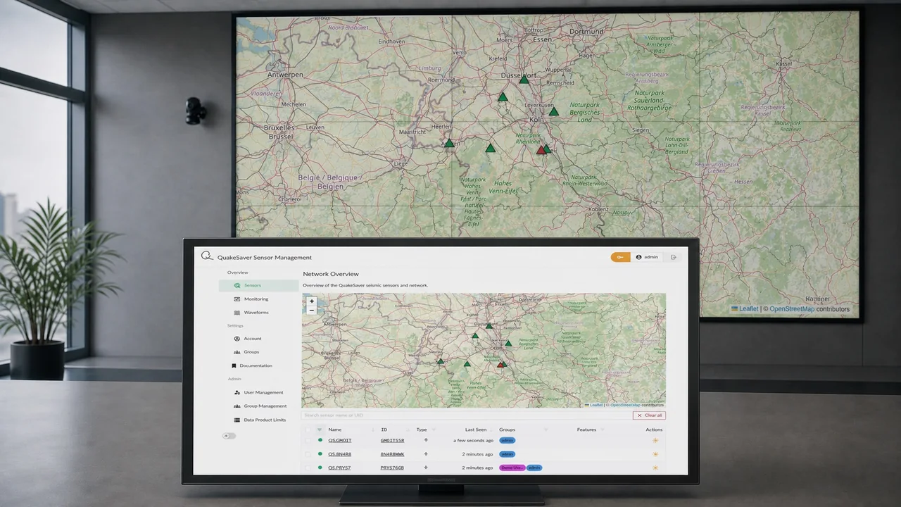 A connected seismic sensor network spanning a region.