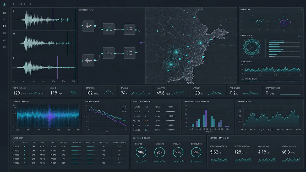 A seismic software workflow turning waveforms into mapped insight.